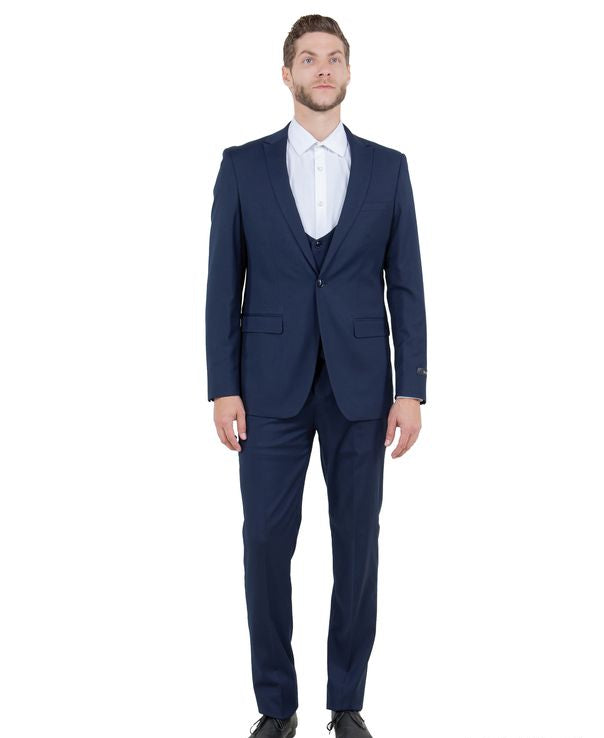 Navy Blue 3 Piece Slim Fit Suit Low Cut Vest