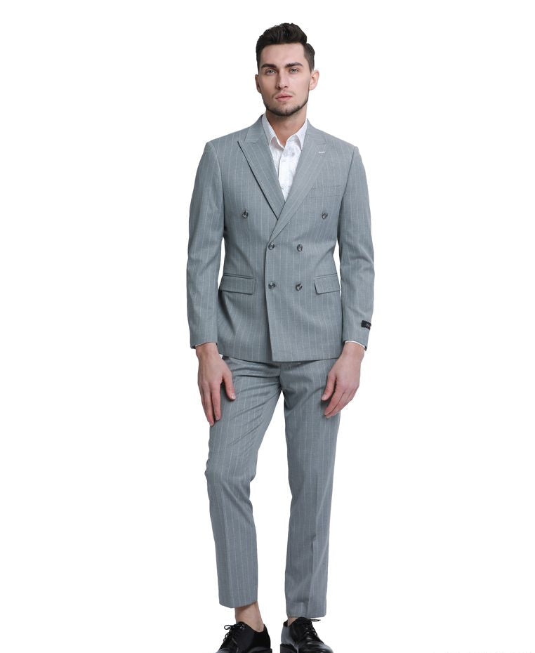 Light Grey Pinstripe Double Breasted Slim Fit Suit