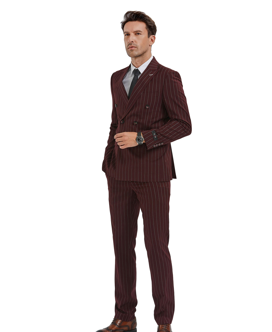 Burgundy Pinstripe Double Breasted Slim Fit Suit