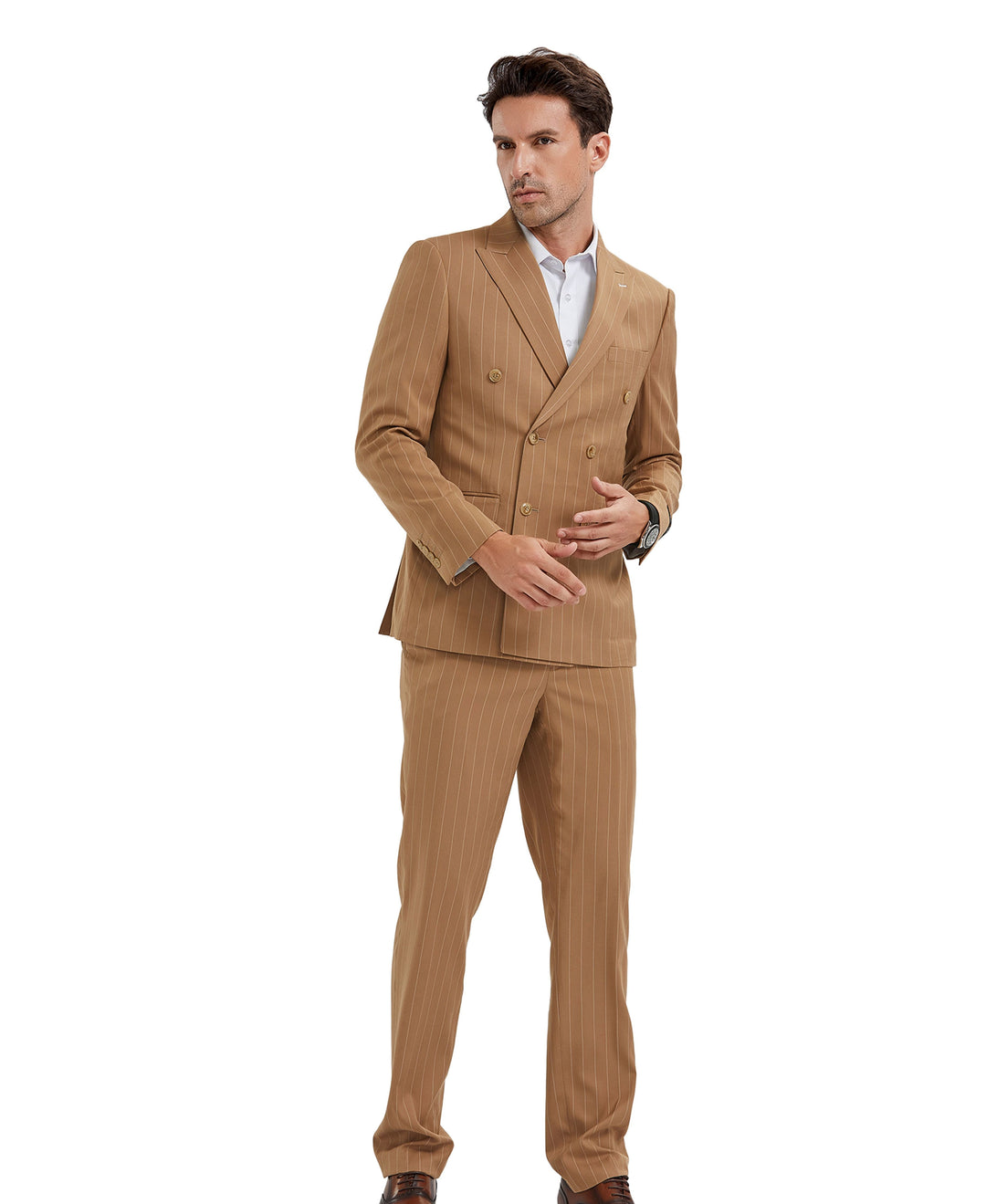Taupe Pinstripe Double Breasted Slim Fit Suit