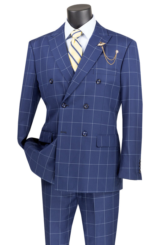Blue Double Breasted Windowpane Modern Fit Suit