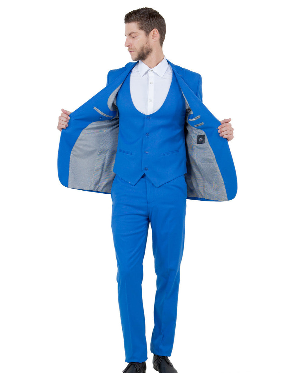 French Blue 3 Piece Slim Fit Suit Low Cut Vest