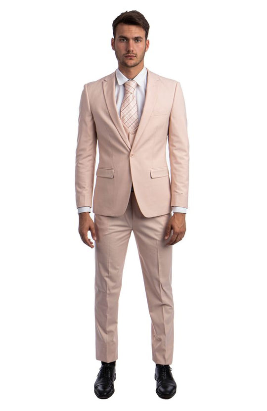 Beige 3 Piece Slim Fit Suit Low Cut Vest