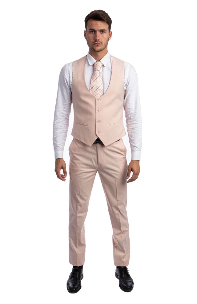 Beige 3 Piece Slim Fit Suit Low Cut Vest