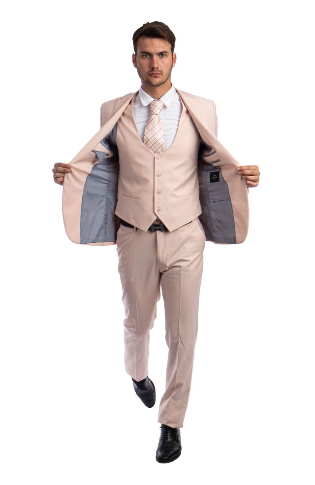 Beige 3 Piece Slim Fit Suit Low Cut Vest