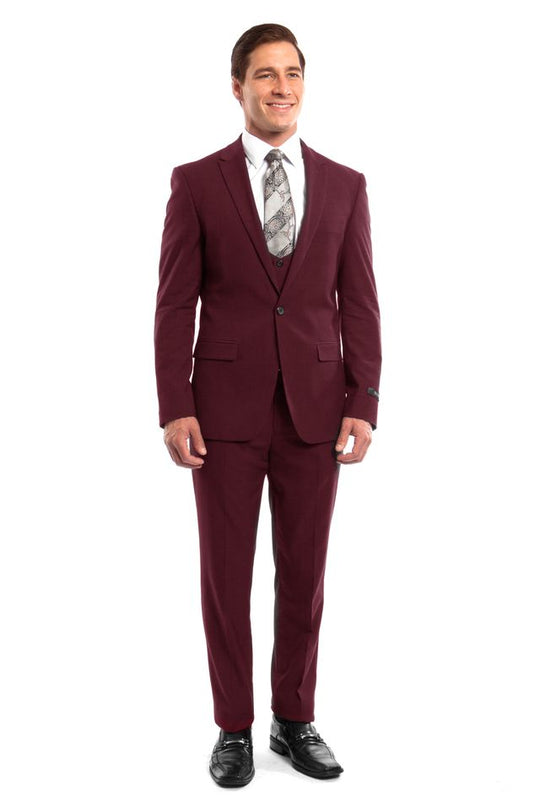 Burgundy 3 Piece Slim Fit Suit Low Cut Vest