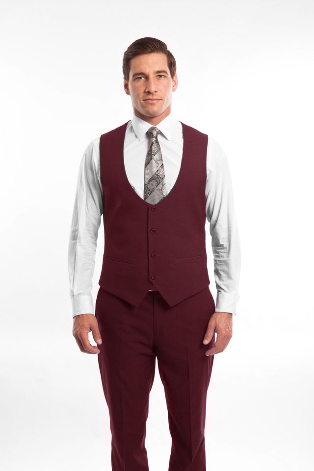 Burgundy 3 Piece Slim Fit Suit Low Cut Vest