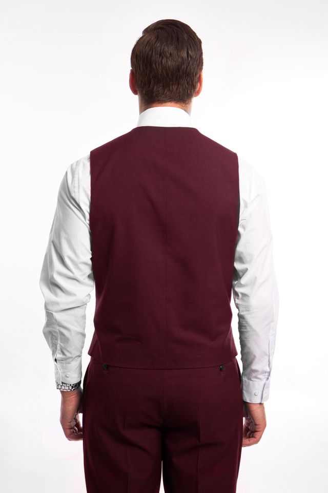 Burgundy 3 Piece Slim Fit Suit Low Cut Vest