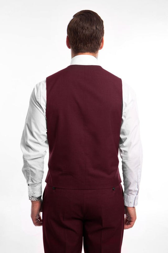 Burgundy 3 Piece Slim Fit Suit Low Cut Vest