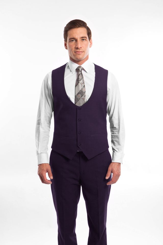 Deep Purple 3 Piece Slim Fit Suit Low Cut Vest