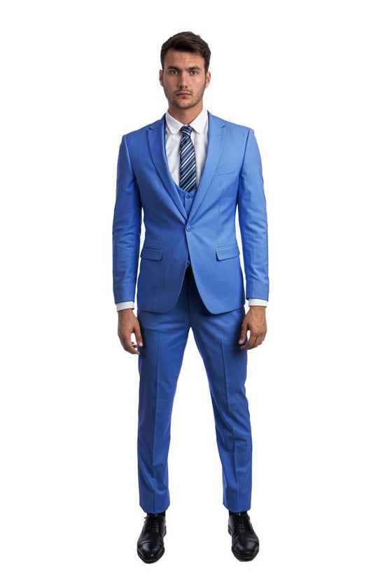French Blue 3 Piece Slim Fit Suit Low Cut Vest