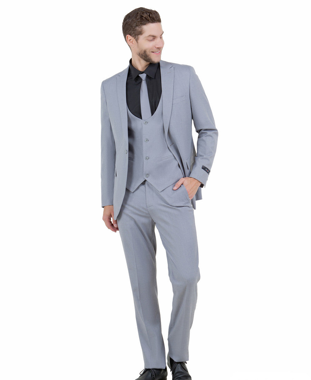 Light Grey 3 Piece Slim Fit Suit Low Cut Vest