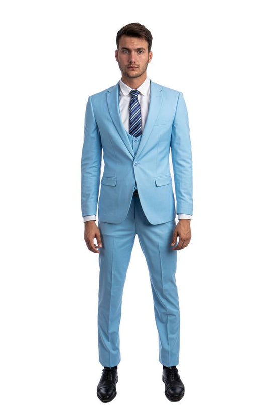 Sky Blue 3 Piece Slim Fit Suit Low Cut Vest