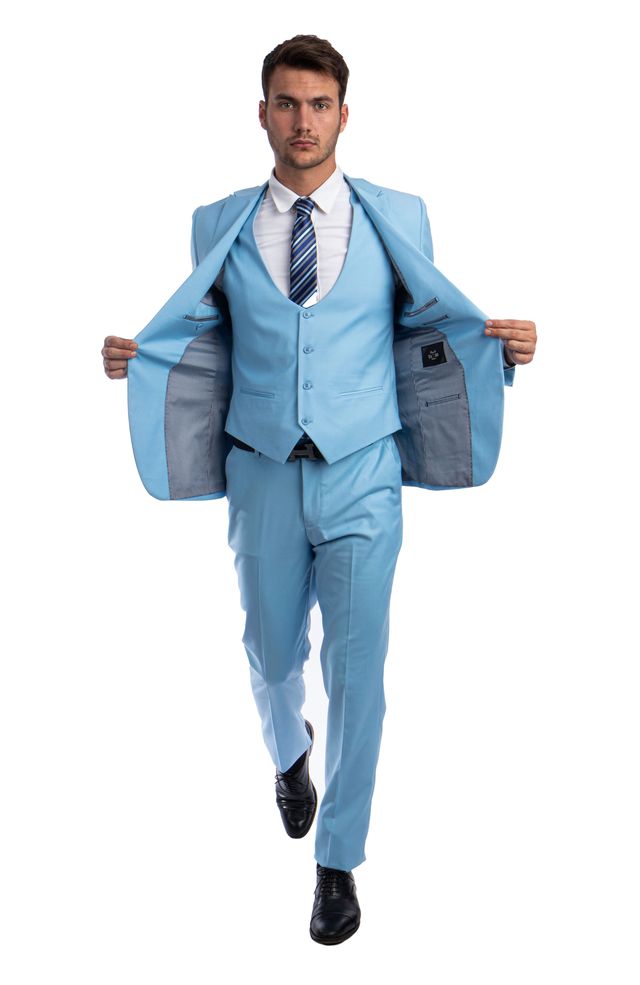 Sky Blue 3 Piece Slim Fit Suit Low Cut Vest