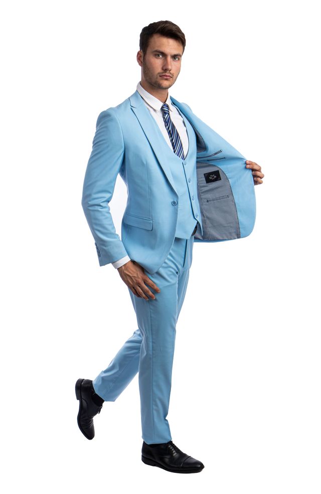 Sky Blue 3 Piece Slim Fit Suit Low Cut Vest
