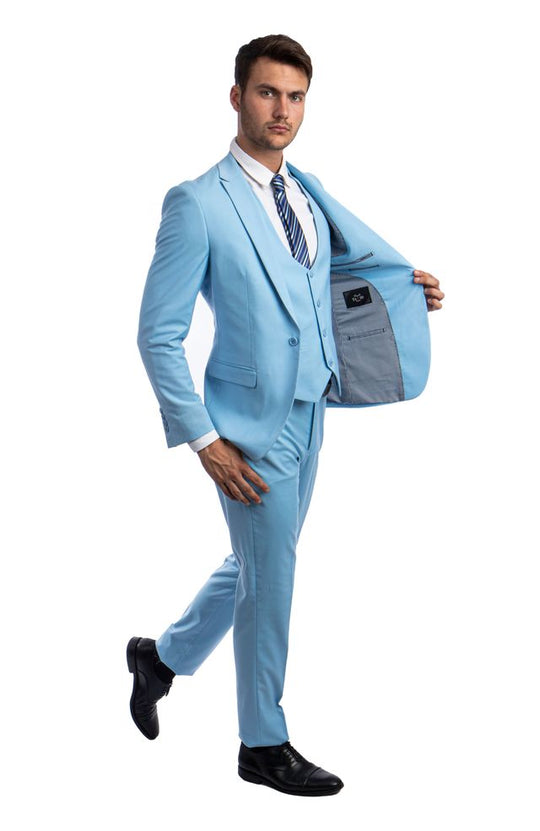 Sky Blue 3 Piece Slim Fit Suit Low Cut Vest