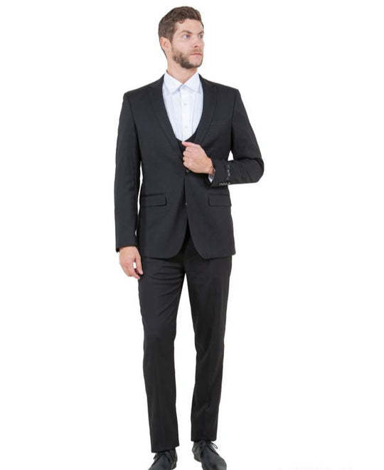 Black 3 Piece Slim Fit Suit Low Cut Vest
