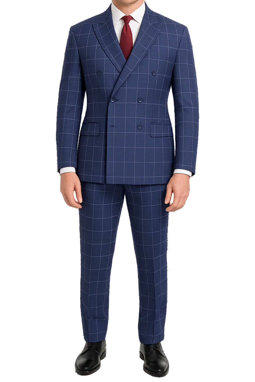 Blue Double Breasted Windowpane Modern Fit Suit